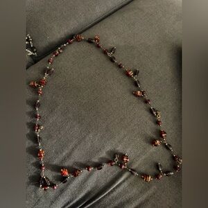 Elegant Beaded Necklace - Red and Brown with tiny bells